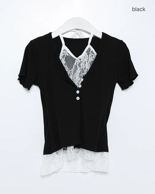 Lace-layered short-sleeved cardigan