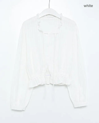 Lace neck striped button blouse