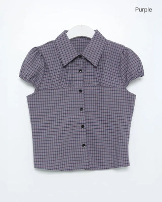 Puff-sleeve checkered blouse