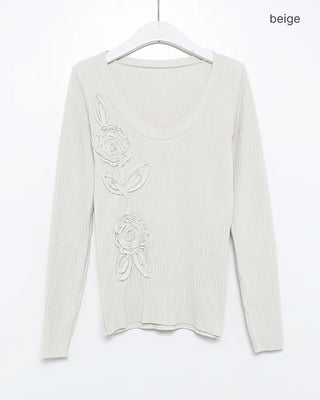 Glass Neck Flower Rib Pile Long T-Shirt