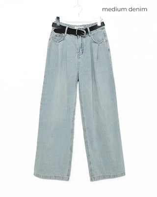 Double-pleated cotton wide-leg pants and belt set