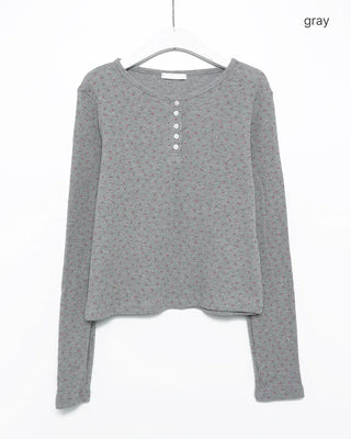 Flower Henley Neck Long T-Shirt