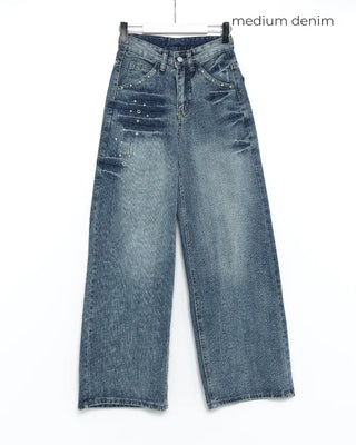 Mixed stud deep whisker wash denim pants