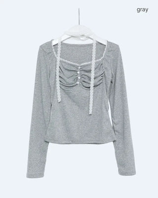Scarf & Lace Gathered Long Sleeve Shirt Set