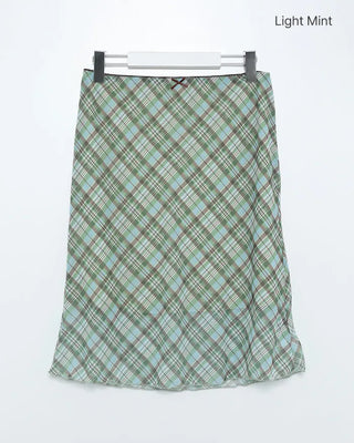 Waist ribbon detail check midi skirt