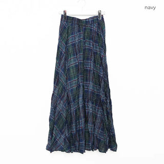 Checked flared wrinkle long skirt