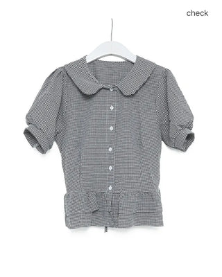 Stand-collar pleated short-sleeved blouse