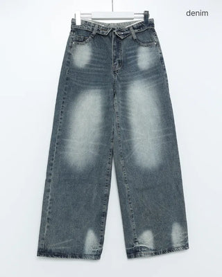 (Unisex) Fold Detail Washed Denim Pants