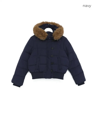 Loop button attached fur hood short down jacket