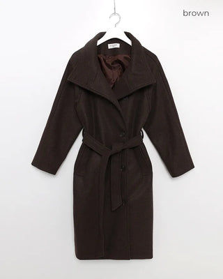 High-neck belted long coat