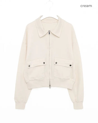 Flap pocket collar neck double zip sweatshirt