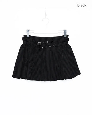 Double-belted pinstripe mini skirt