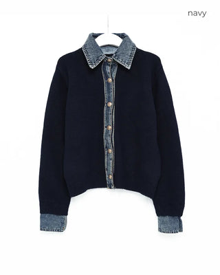 Denim-colored neck knit cardigan