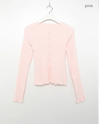 Frilled round neck ribbed cardigan