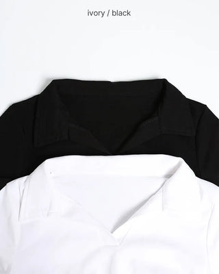 Open-collar shirred half-length T-shirt
