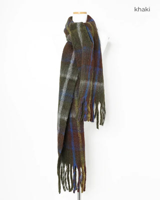 Wool mix check big fringe scarf
