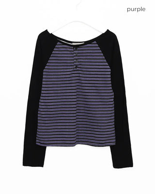 Striped Henley Neck Raglan Long T-Shirt