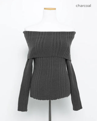 Ribbed wrap off-shoulder knit