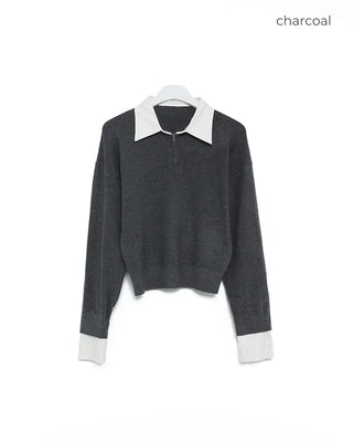 Two-tone simple V-neck knit