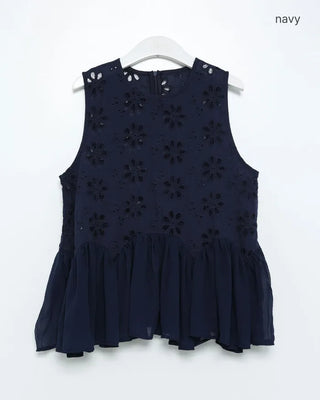 Perforated ruffle sleeveless top