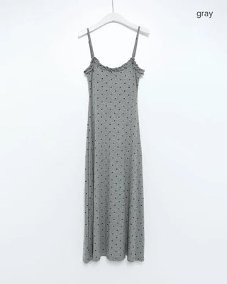 Cap-attached polka dot camisole long dress