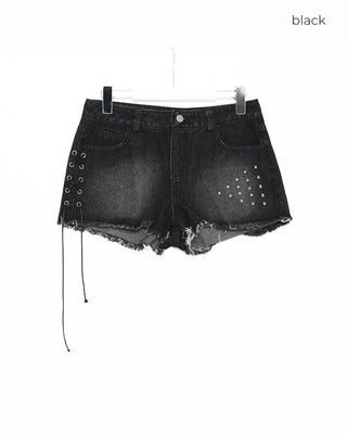 Shoelace Studded Cut-Off Short Denim Pants