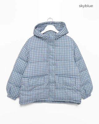 Gingham check hooded faux down jacket