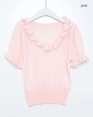 Frill neckline short-sleeved knit