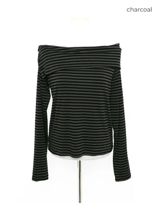 Striped off-shoulder long t-shirt