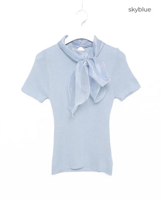 Scarf Ribbon Neck Short Sleeve Knit