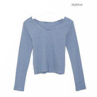 2-Way Round Neck Striped Rib Long T-Shirt