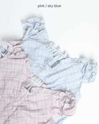 Checked Shirred Short Sleeve Blouse