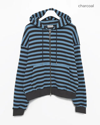 (Unisex) Striped Double Zip Waffle Knit Kangaroo Hoodie