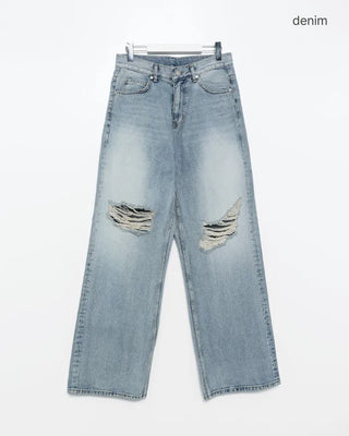 Distressed wide-leg denim