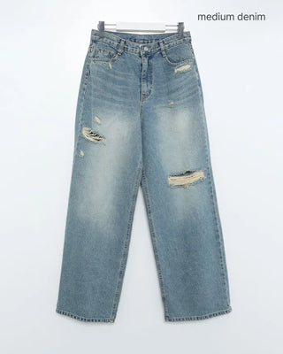 Distressed wide-fit denim pants