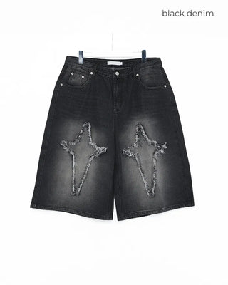 (Unisex) Cut-off Fringe Patch Bermuda Jeans