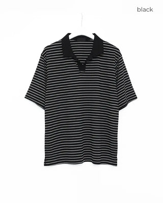 (Unisex) Striped Open Collar Short Sleeve T-Shirt