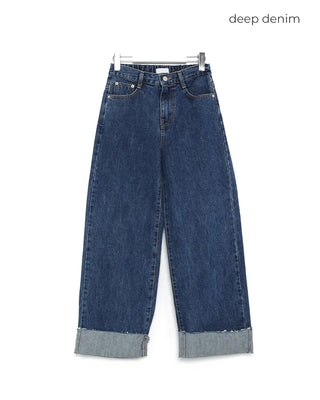 Rolled-up denim wide-leg pants