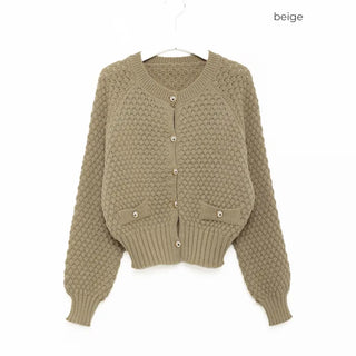Round neck waffle cardigan