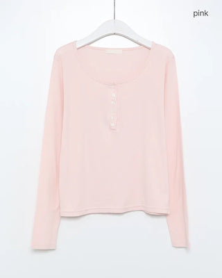 Half-open neck simple ribbed long-sleeve T-shirt