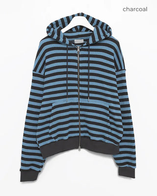 (Unisex) Striped Double Zip Waffle Knit Hoodie