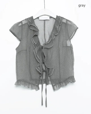 Checked chiffon sheer ruffle blouse