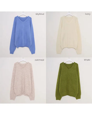 V-neck ribbed hem loose sweater