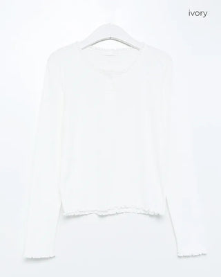 Half-button frill ribbed long T-shirt
