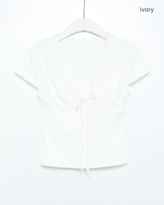 Lace V-neck strap gathered cap sleeve