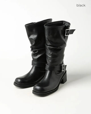 Buckle Shirring Mid-Calf Boots