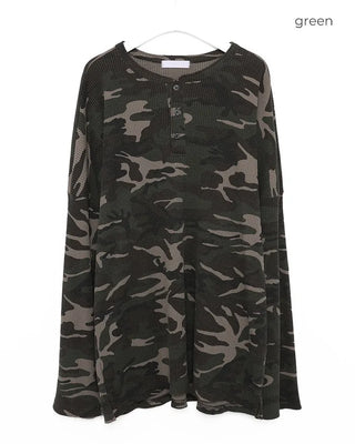 Camouflage Waffle Henley Neck Long T-Shirt