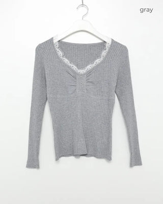 Lace neckline ribbed knit