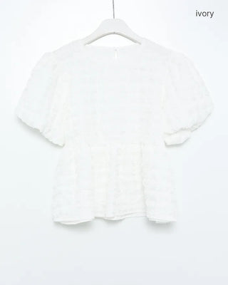 Oversized embossed shirred short-sleeved blouse