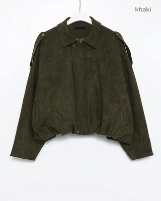 Gathered hem semi-cropped suede blouson jacket